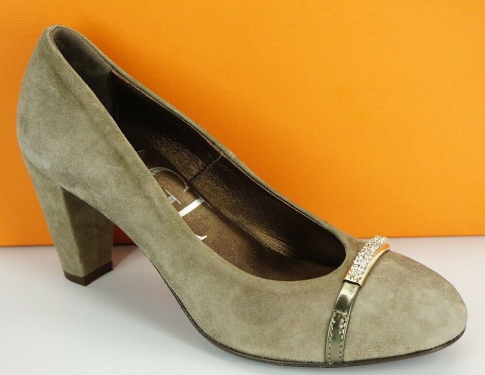 AGL Gray Suede Diamante Crystal Bar Toe High Heel Pumps SZ 35 New Dressy